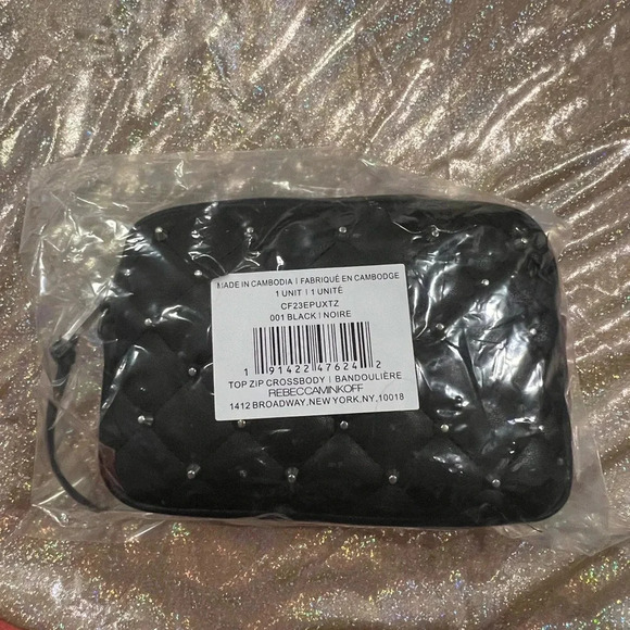 NWT Rebecca Minkoff Diamond Quilt Studded top zip crossbody, black w/silver NWT - Picture 6 of 9